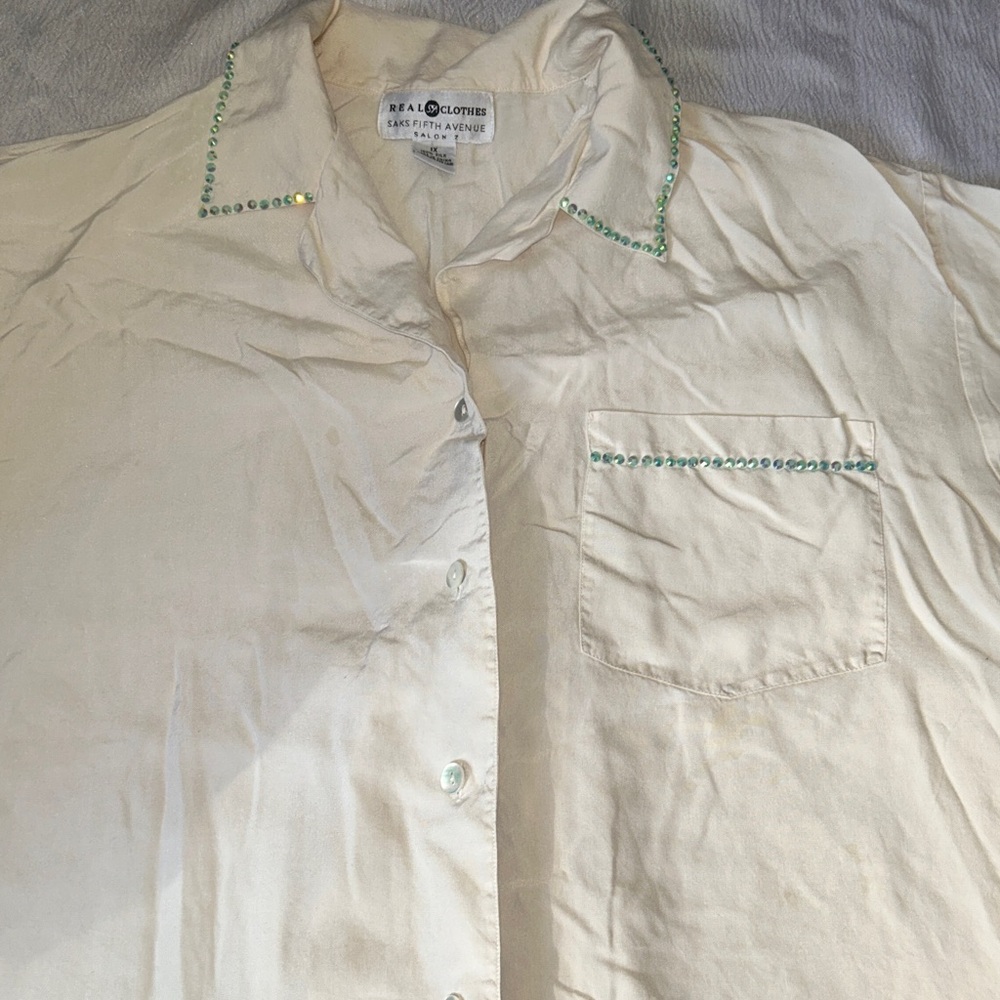 ‼️Final sale Oversize off white shirt unisex with rhistones turquoise 100silk XL